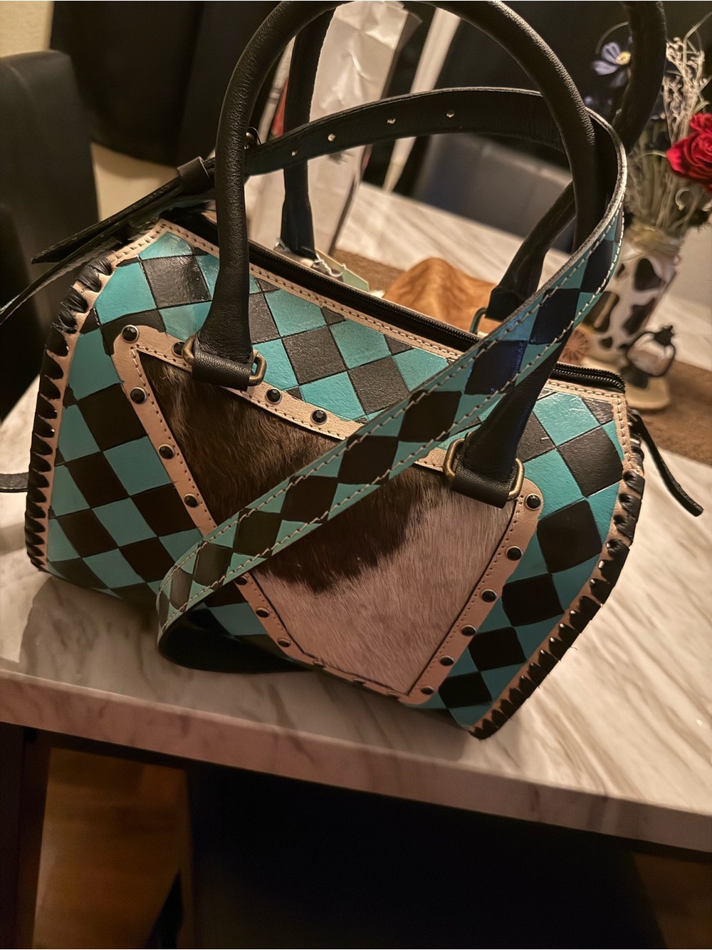 New Handmade, leather speedy or crossbody checkered bag, with teal cowhide.